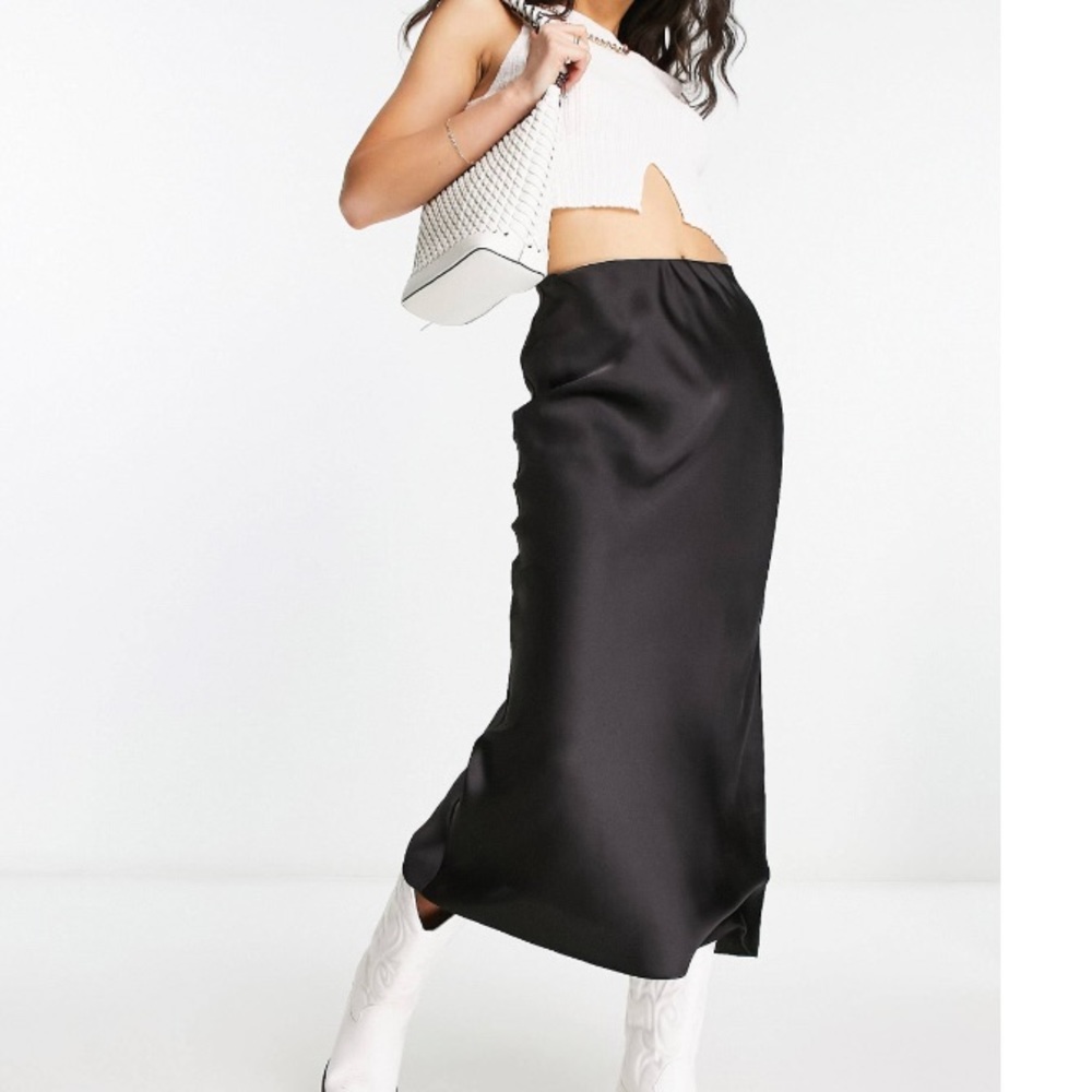 ASOS DESIGN satin bias midi skirt in black Tall